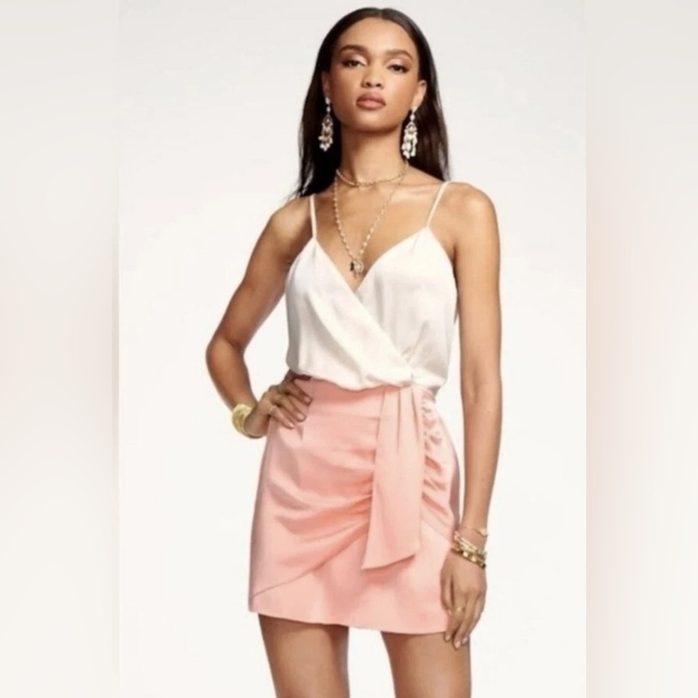 Ramy Brook White Wrap Top with Blush Pink Mini Skirt